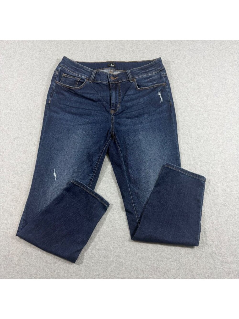 Dressbarn Jeans Womens 14 Dark Wash Stretch Distressed Denim Straight Leg